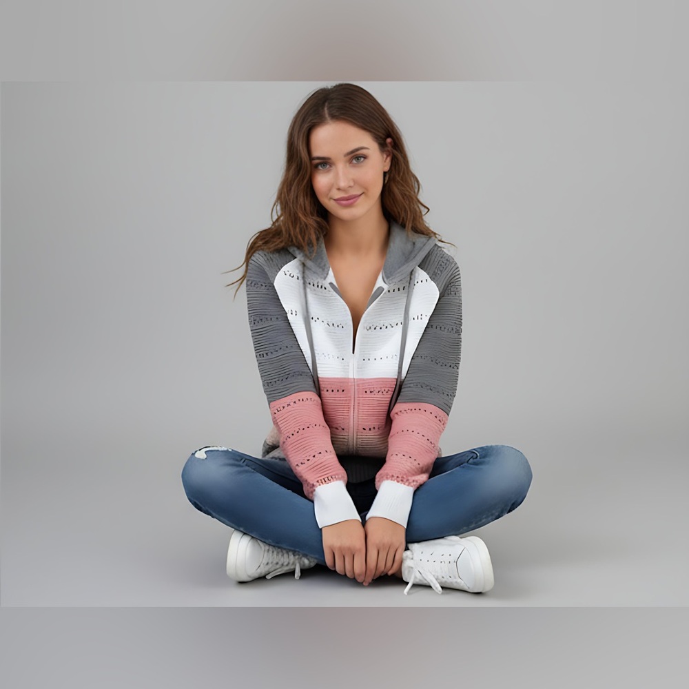Pointelle Knit Drawstring Zip Hooded Cardigan - Picture 4 of 8